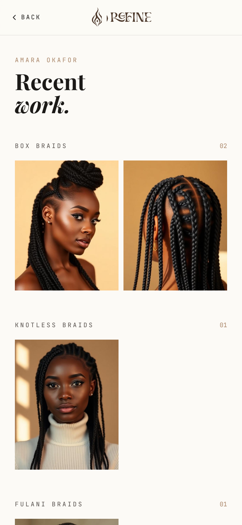 Amara Okafor’s recent work portfolio in ReFine