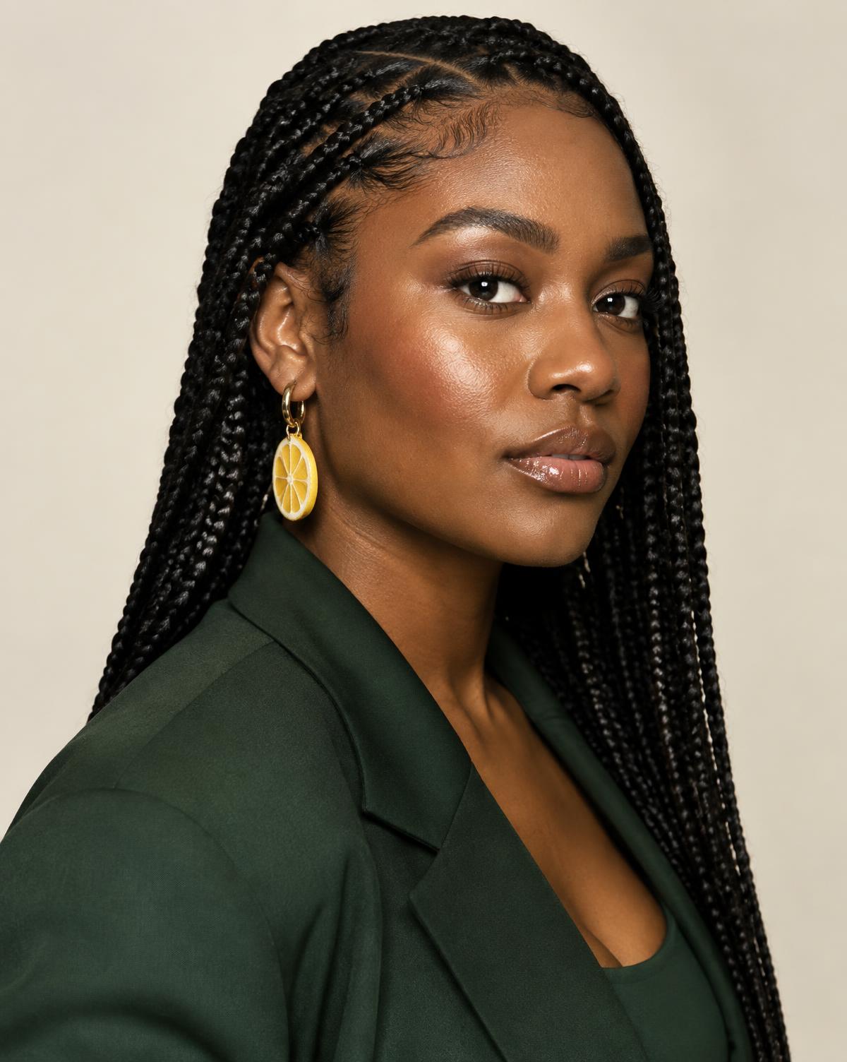 Model wearing polished knotless braids